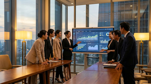 Professional Vietnamese business executives collaborating in a premium office