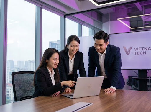 Professional Vietnamese office workers collaborating