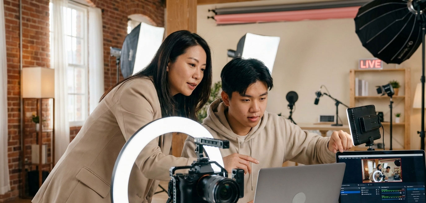 A professional young Vietnamese woman content creator livestreaming with a ring light and smartphone in a modern studio